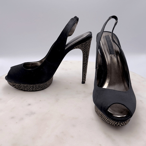 BCBG Max Azria Size 8.5 M Falcon Black Satin Rhinestones Heels Peep Toe Shoes - Picture 9 of 13